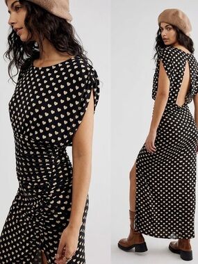 NWT Free People Heart Print Maxi Dress Black Cream Size L Cutout Side Slit